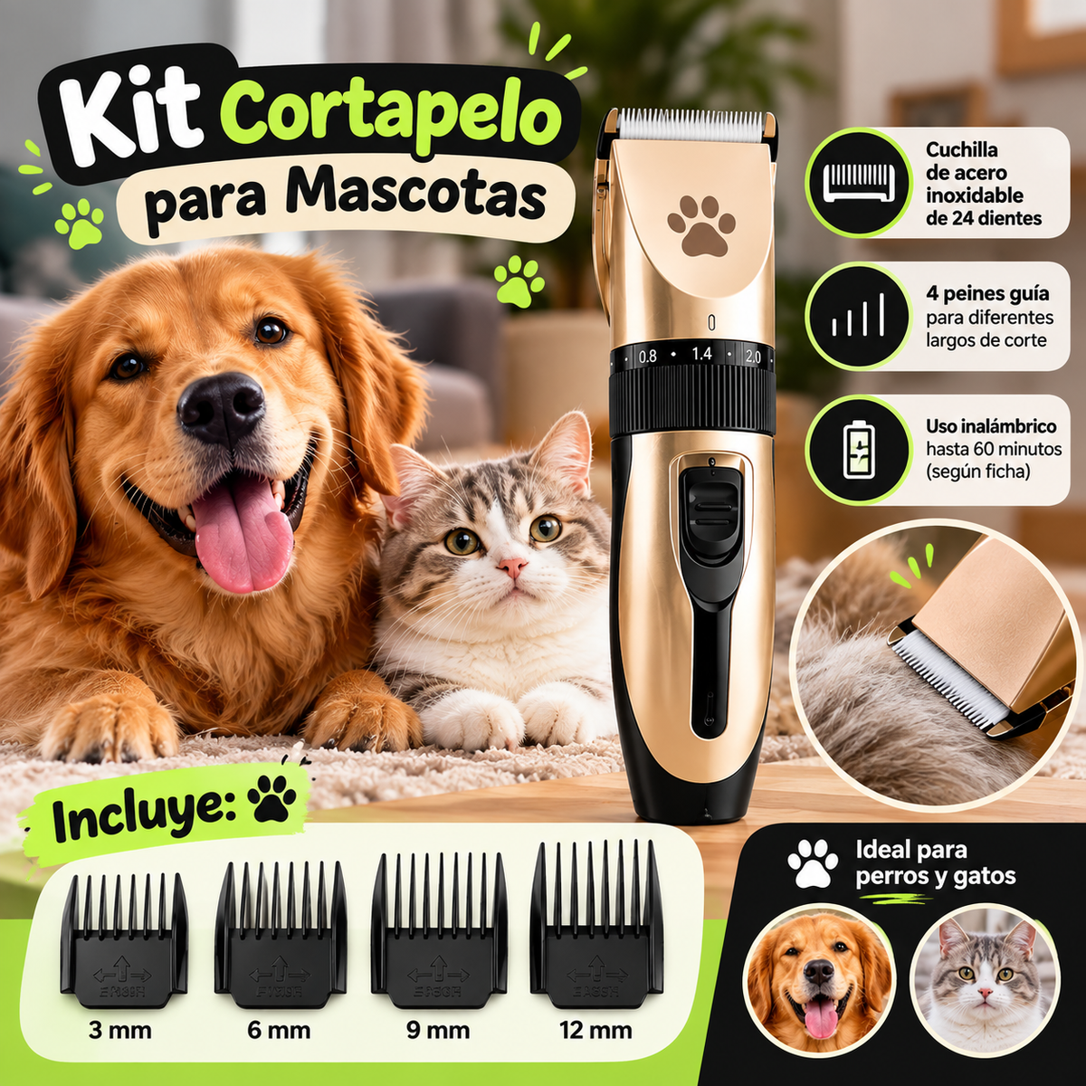 Kit Cortapelo Inalámbrico para Perros y Gatos + 4 Peines Guía